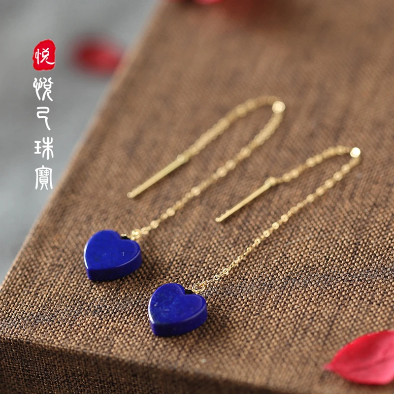 Серьги для женщин золотого цвета в форме сердца из натурального Lapis Lazuli|earrings