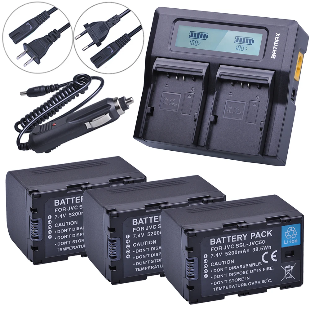 Batmax 3 шт. литий ионный аккумулятор JVC50 с ЖК дисплеем двойное быстрое зарядное