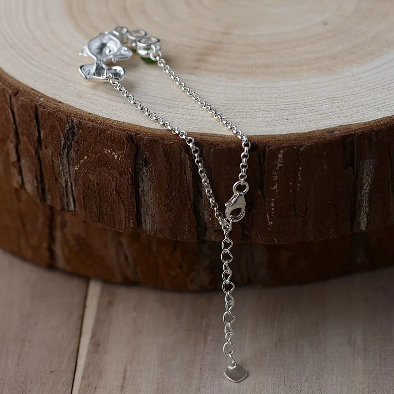 

100% Real 925 Sterling Silver Goldfish Bracelets Green Stone 16+5cm Cute Animal Fashion Jewelry for Mother Girlfriend Gifts