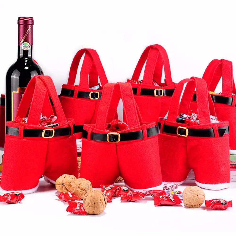 6 Pieces Christmas Gift Bag Santa Pants Treat Candy Bag for Xmas Food Wine Organizer or Wedding Decoration Gifts Storage Use