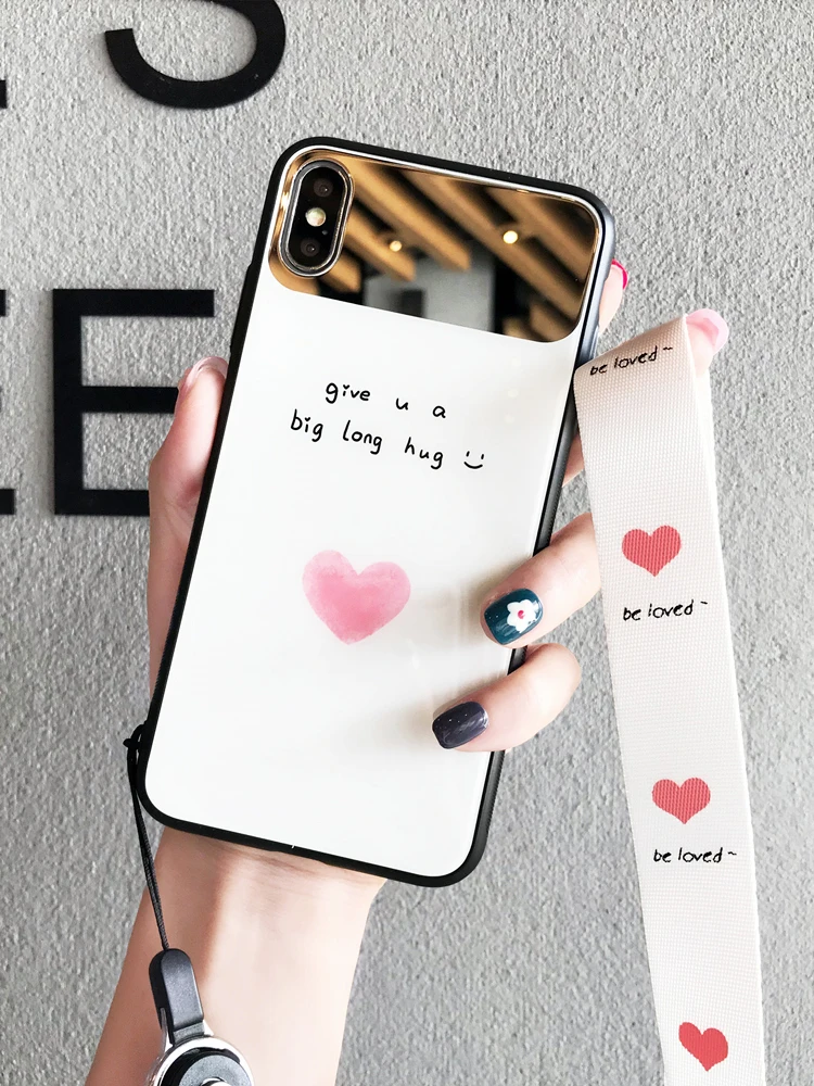 Роскошный зеркальный чехол для iPhone 6 S 7 8 plus love heart розовый клубничный стеклянный X