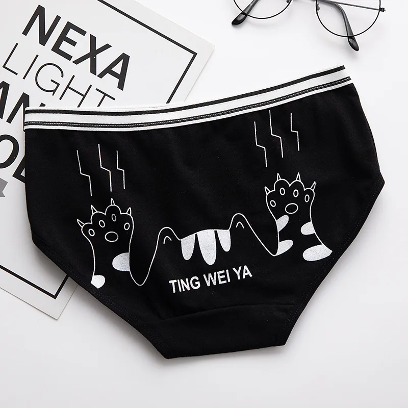 bottom meow palm SP& CITY/простое черно-белое нижнее белье для девочек с рисунком кота из мультфильма; женские бесшовные гигиенические трусики из хлопка со средней талией; мягкие трусы Vogue - Цвет: bottom meow palm