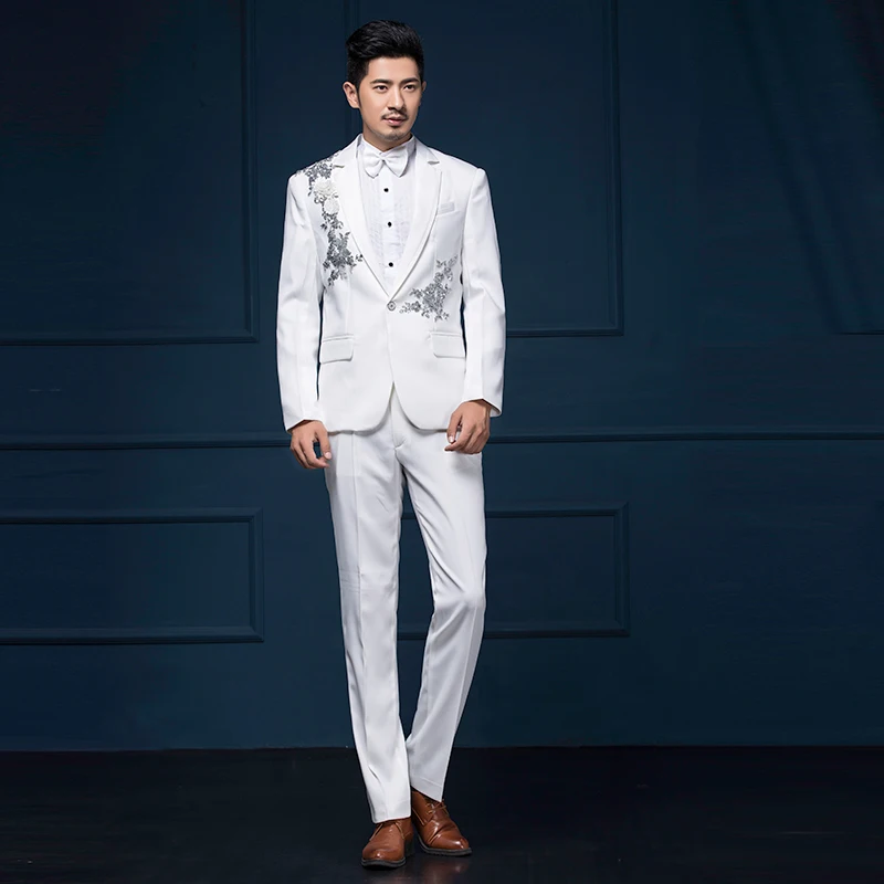 

Male costume homme slim fit formal dress men flower suits costume white suit man wedding ternos hombre fashion plus size M - 3XL