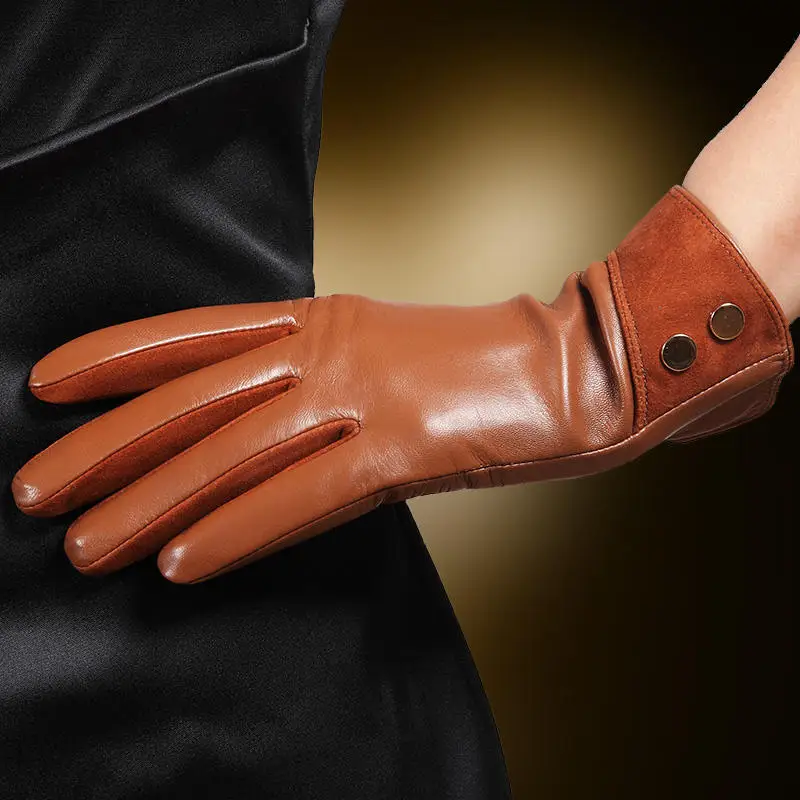 Leather brown Брендовые перчатки из натуральной кожи модные трендовые женские перчатки из овчины осень-зима плюс бархатная Элегантная Дамская перчатка L168NC - Цвет: Leather brown