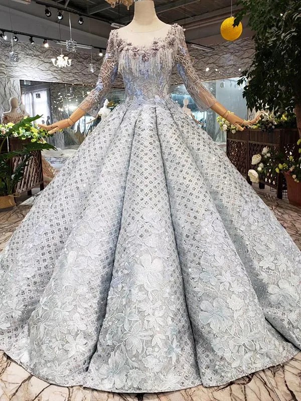 as picture HTL207 Роскошные вздутые вечерние платья с плиссировкой с круглым вырезом и длинными рукавами на шнуровке сзади, бальное платье с кисточками, платья для выпускного вечера длиной до пола - Цвет: as picture