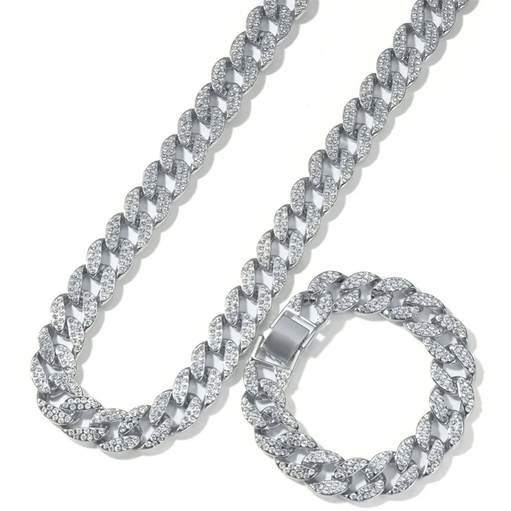 2 шт./компл. для мужчин хип-хоп iced out bling Chain Ожерелье и браслеты 15 мм ширина кубинские цепи ожерелье s ювелирные изделия Хип-хоп подарки