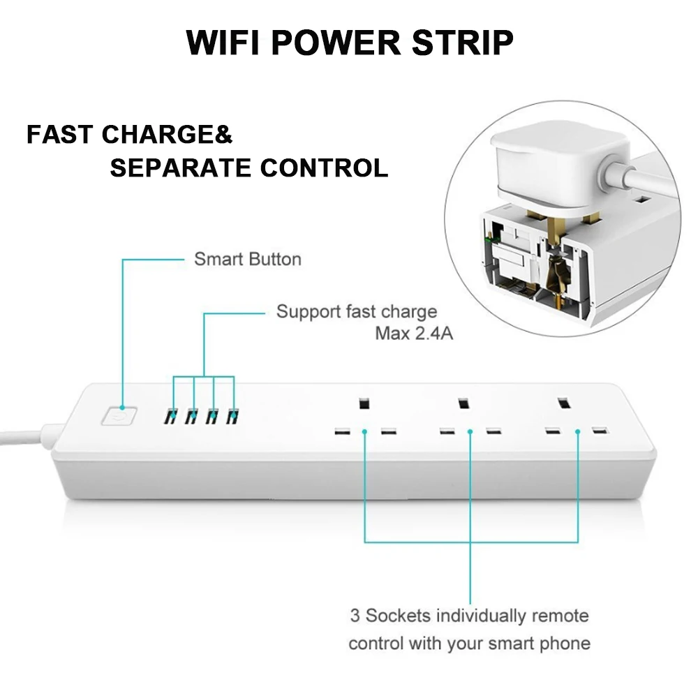 Великобритания Smart Wi Fi мощность полосы 4 Зарядка через usb порты и разъёмы 3 розетки