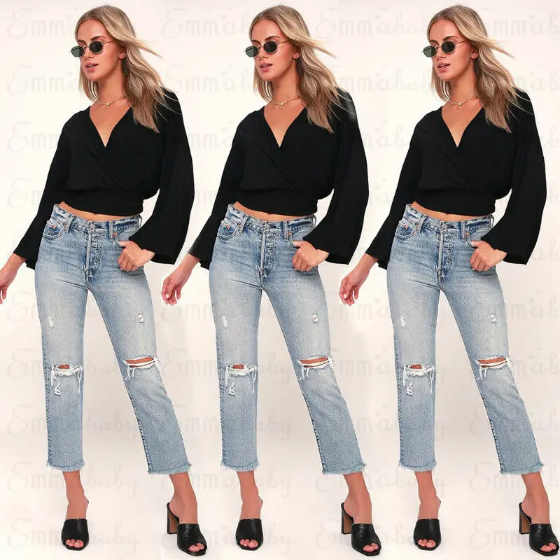 2018 Newest Women Deep V-Neck Cross Slim Crop Tops Long Sleeve T shirt Clubwear | Женская одежда