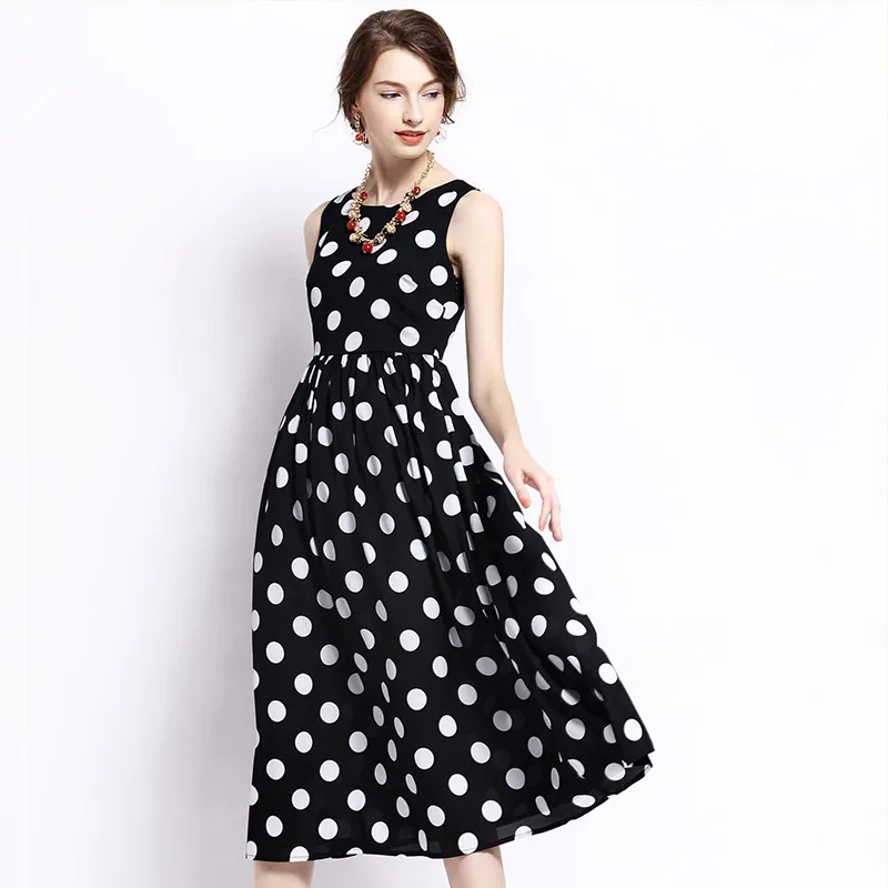 Женское летнее платье в стиле ретро без рукавов с круглым вырезом высокой талией
