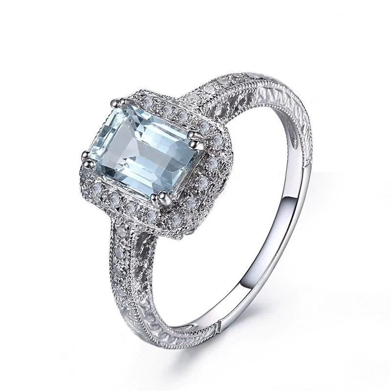 Одноцветное 10K белое золото безупречное Изумрудное кольцо 7x5 мм 1.23ct Аквамарин