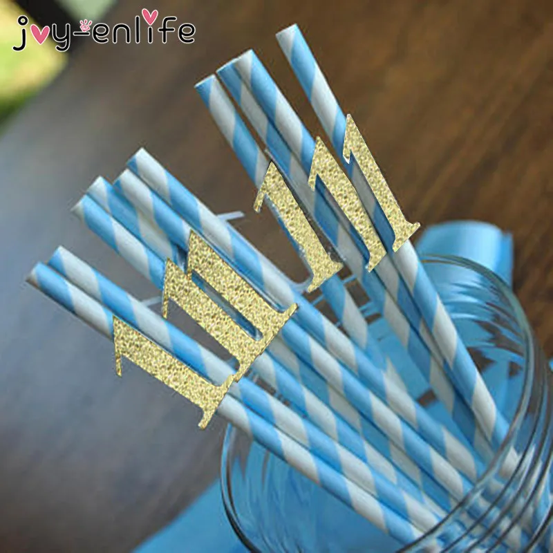 Gold 1 blue straw 12 шт мальчик/девочка номер 1 один полосатые бумажные одноразовые трубочки посуда напиток соломинки 1 первый день рождения принадлежности для украшения стола - Цвет: Gold 1 blue straw
