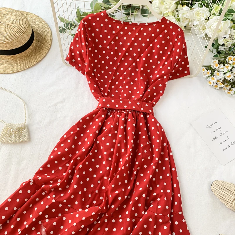 Vintage Polka Dot Print V Neck Ruffles Short Bandage Dress Chiffon Summer Party Women Casual High Waist Beach Dresses