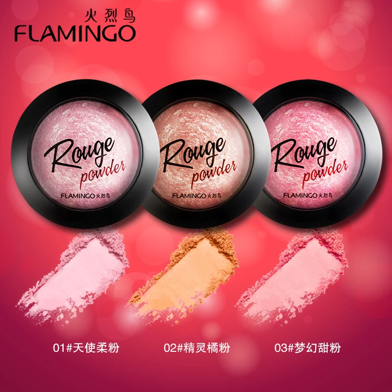 Косметика для красоты лица фирменная Румяна Фламинго с кисточкой зеркальная