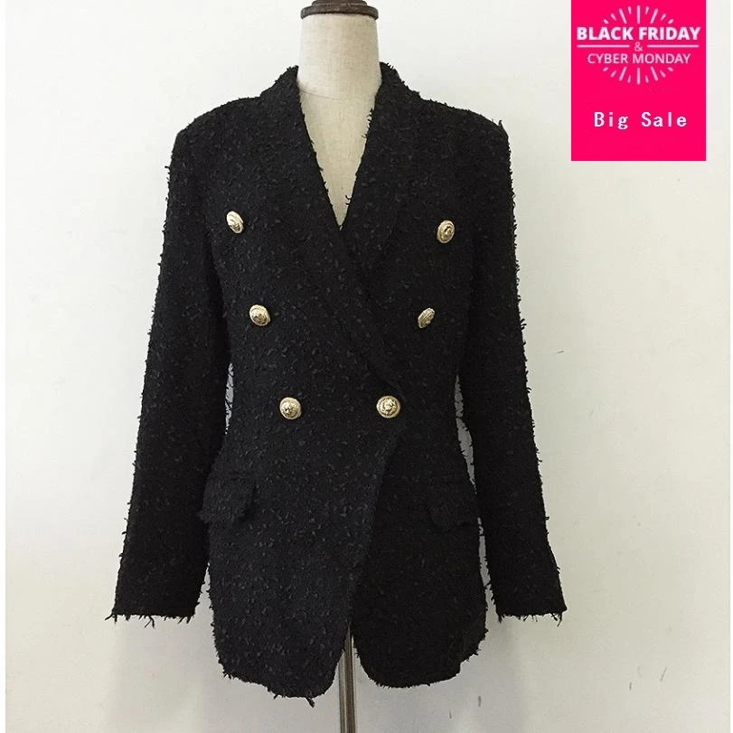 HIgh quality women blazer tweed jacket coat autumn fashion metal button double breasted lapel long sleeve elegant overcoat L1361 | Женская