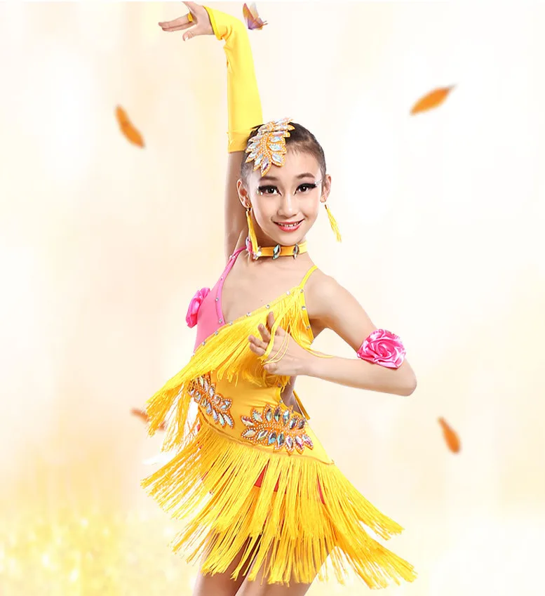 Детское латиноамериканское платье для выступлений 2017 года с блестками, кисточками и перьями, девочки юбки с перчатками.
