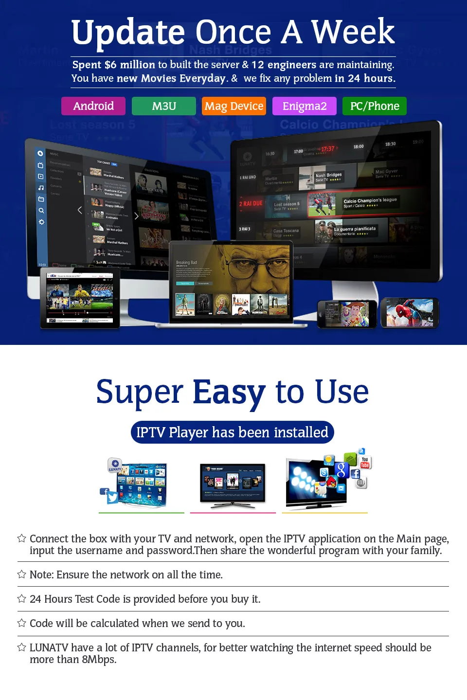 Android T95N 1G8G Smart box телеприставка 6,0 ТВ коробка с 1 год LUNA tv США Канада Бразилия латинская IP tv 3500 каналов