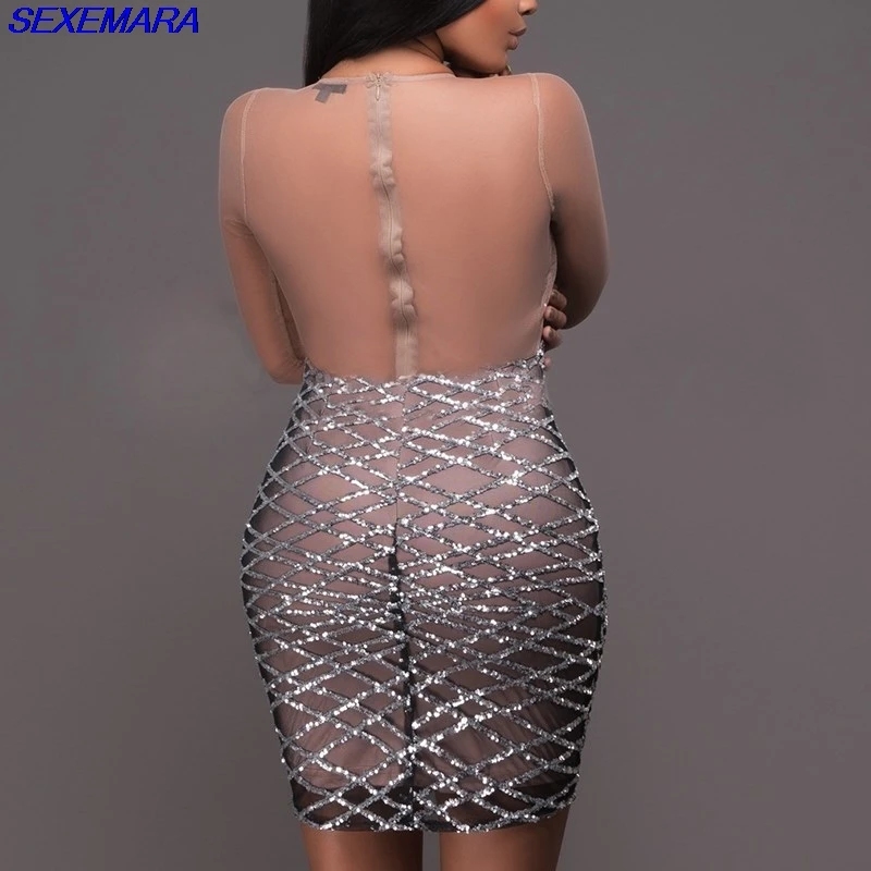SexeMara Лето Dress Women Through Bodycon Блестками Сращивания С Длинным Рукавом Вернуться