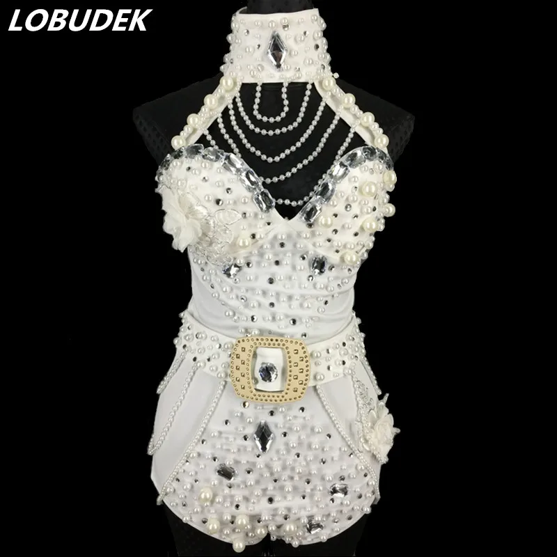 Beading Halter Bodysuit Red White Pearls Crystals Jumpsuit Women Sexy Backless Costume Nightclub Bar DJ Singer Show Stage Outfit