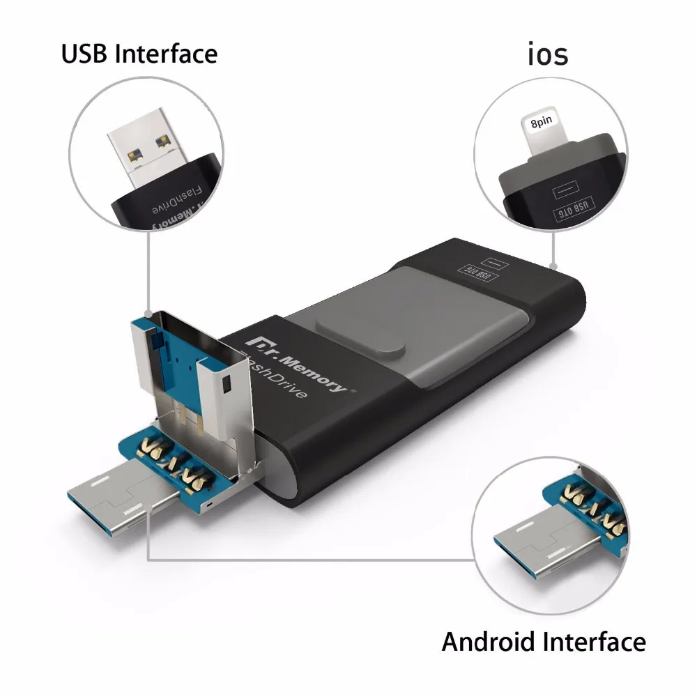 Металлический USB флеш накопитель Dr. Memory OTG для Apple iPhone 5S SE 6 6S Plus 7 3 в 1 металлический - Фото №1