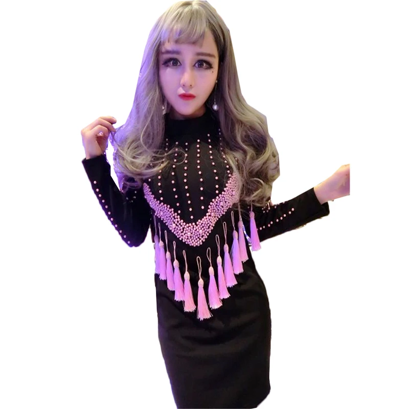 

Brand Designer Runway Women Dress Autumn Winter Women Dress Sexy Fashion Luxury Tassel beading women Long Sleeve dress
