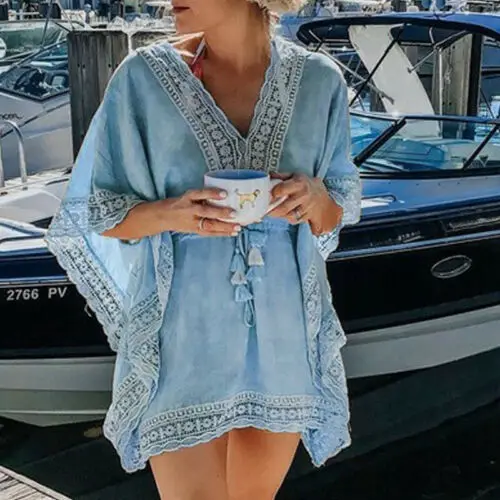 

Women Casual V-Neck Short Sleeve Solid Tassel Beach Swimsuit Loose Cover-up HOT