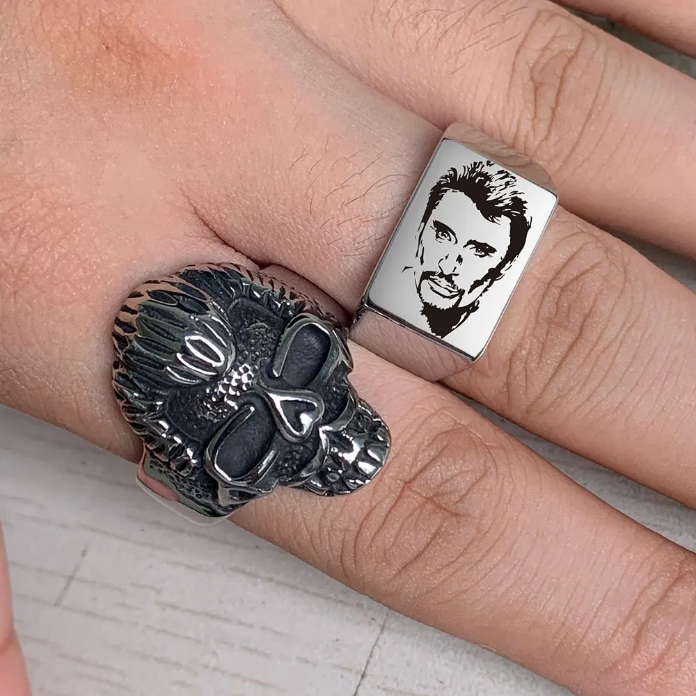 

Johnny Hallyday vintage rock punk skull rings with date inside for men women stainless steel Hip Hop Cool males Finger ring
