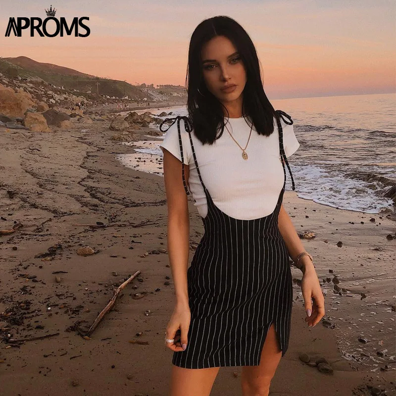 Aproms черное Полосатое мини-платье женское летнее сексуальное платье с завязками на плечах платья с разрезом по бокам Vestido
