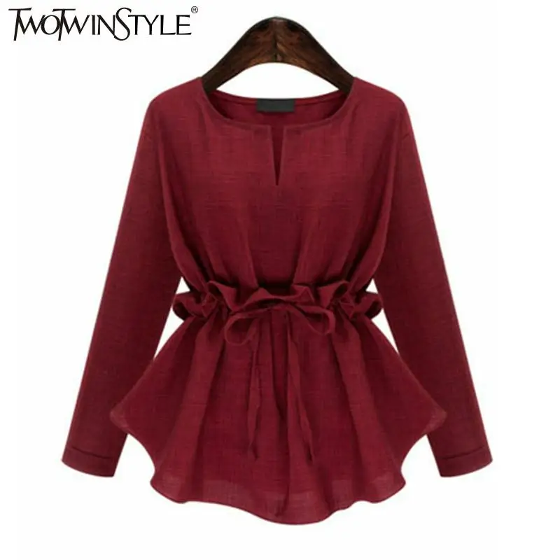 TWOTWINSTYLE 2020 Women Long Sleeves Peplum Tops Blouse Shirts Lace up Ruffle Waist Tunic Female Clothes Korean Plus Size | Женская