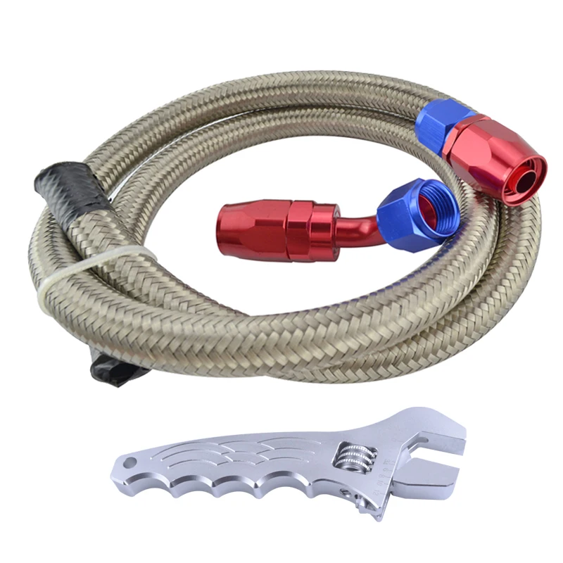 

AN6 Stainless Braided Oil/Fuel Line Hose 1m Pipe+Straight+45 Degree Swivel Fitting Oil Hose End Adaptor Kit With Silver Spanner