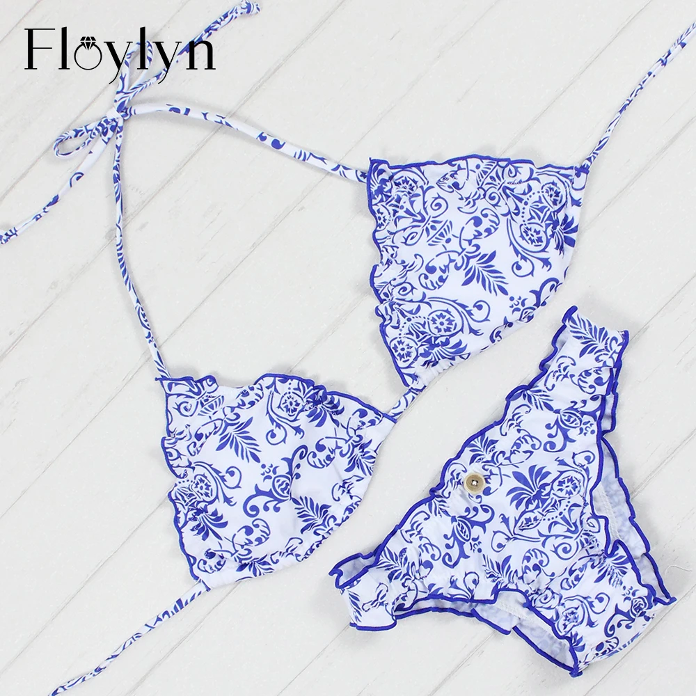 

Floylyn комплект бикини с бело-синим фарфоровым принтом, 2017, купальник в бразильском стиле, бикини, купальный костюм, женский купальник