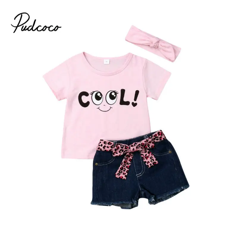 1-5T Babies Girl Summer Clothing Set Baby Girls Cool T-shirt + Bow Camouflage Belt Shorts Headband 3pcs Outfits Sets New | Детская