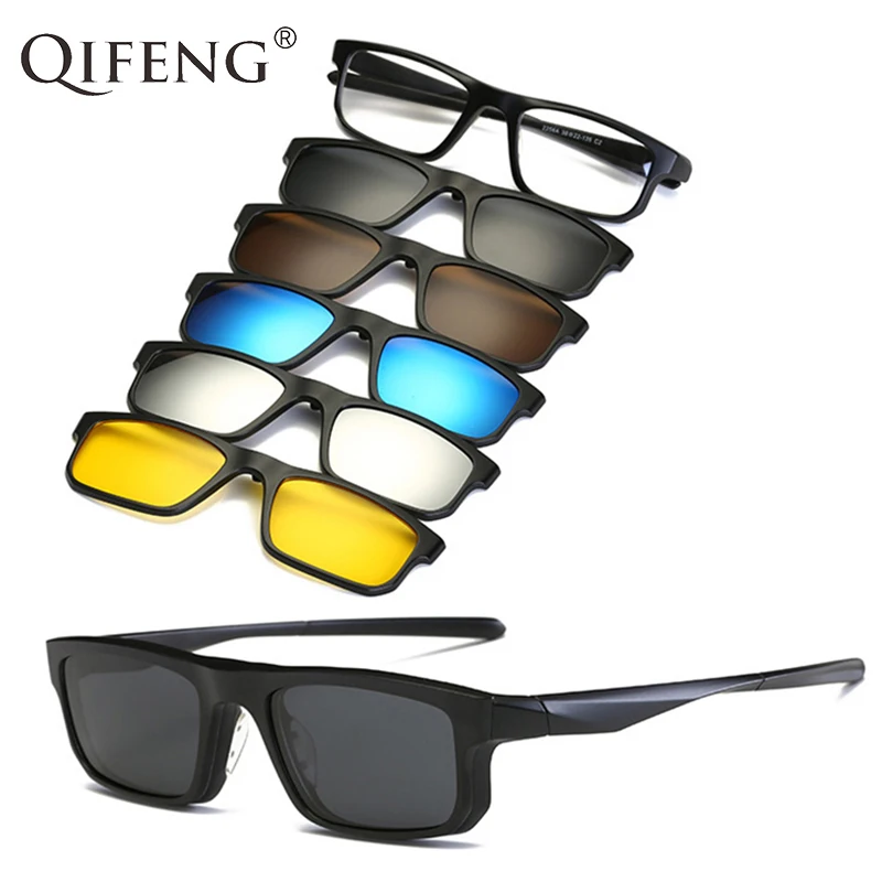 

Optical Spectacle Frame Eyeglasses Men Women TR90 With 5 Clip On Sunglasses Polarized Magnetic Prescription Glasses QF131