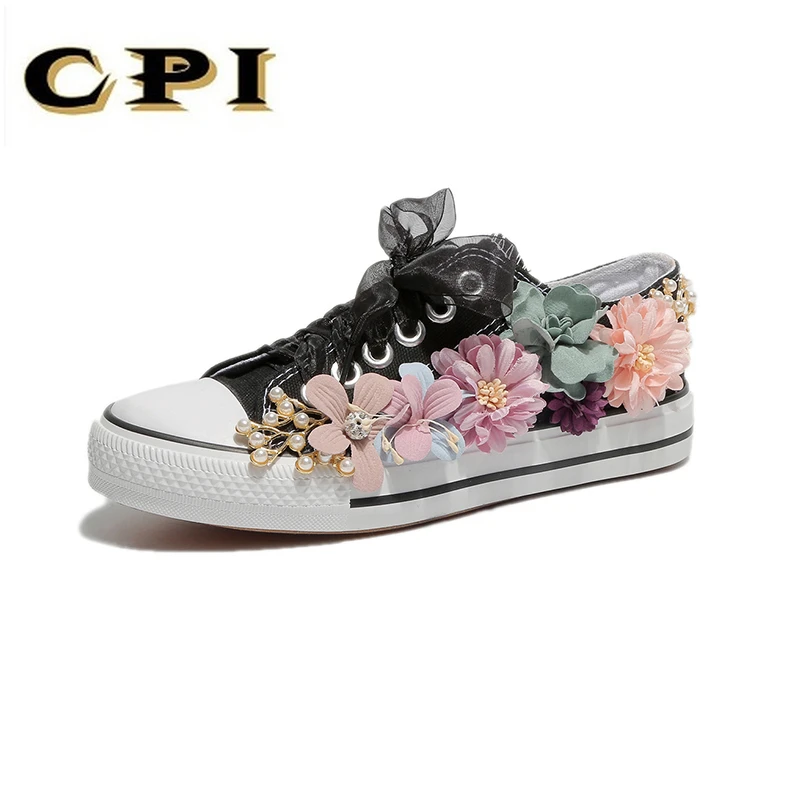 2019 fashion appliques flowers casual shoes ladies flats canvas woman sneakers white black walking MS-108 | Обувь