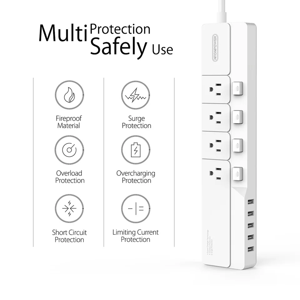 NTON power NSJ US Plug power Strip с USB зарядным устройством, защита от перенапряжения, 4 розетки переменного тока, индивидуальный выключатель, управляемый 5 usb-зарядными портами