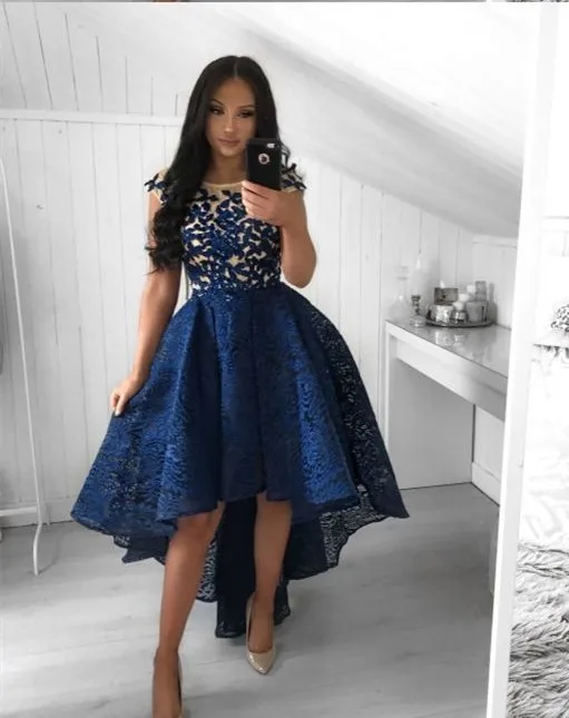 

Sexy High low Lace Navy Homecoming Dresses Short Sleeves Formal Party Dresses Lace Embroidery vestido graduacion