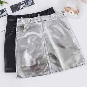 2021 летняя Серебристая кожаная юбка с высокой талией, облегающая мини-юбка трапециевидной формы из искусственной кожи размера плюс 2XL