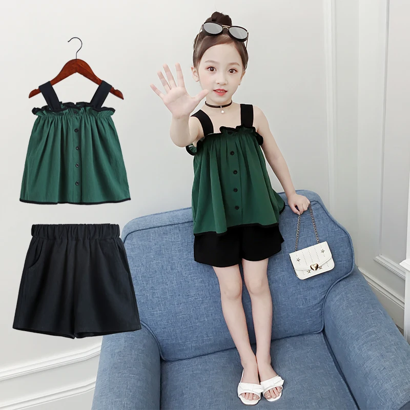

New Summer girls Clothes Sets 2019 Girls Fly Sleeveless vest Cotton Shirt + Shorts Summer Set Sport Belt Print Letter Clothes