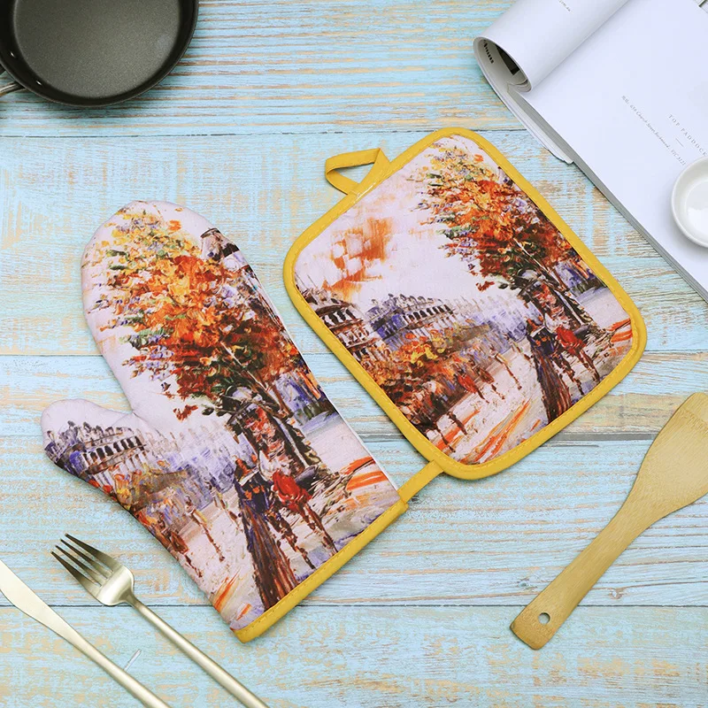 

1 Set Cotton Fashion Nordic Style Paris Tower Landscape Print Kitchen Cooking microwave gloves baking BBQ potholders Oven mitts