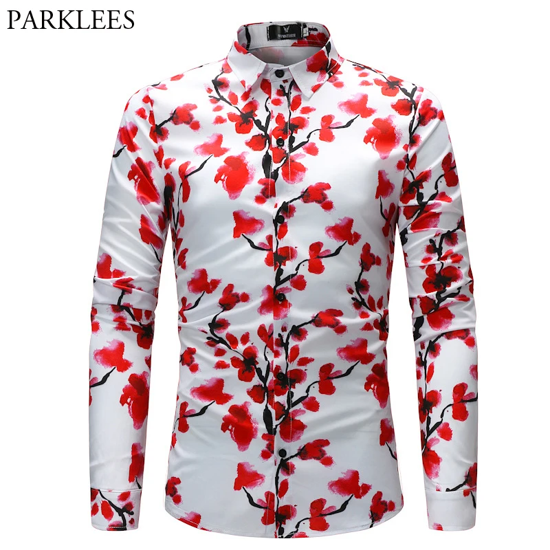 

Men's Hipster Red Flower Print Shirt 2019 Spring New Slim Fit Long Sleeve Floral Shirt Men Casual Button Down Dress Shirts 4XL