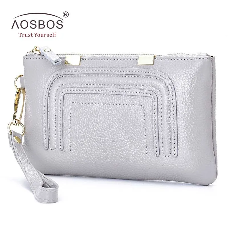 Light grey Aosbos, модные женские кошельки из натуральной кожи, Простой Длинный однотонный держатель для карт, клатч,, женские кошельки на молнии, кошелек для карт - Цвет: Light grey