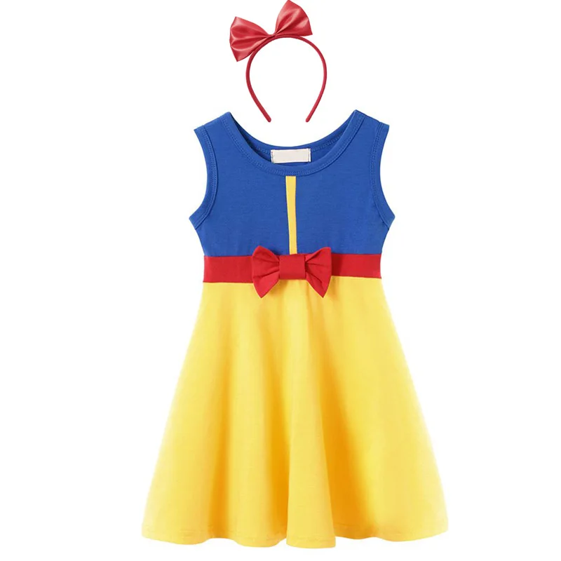 MUABABY Kids Princess Summer Dress for Girls Child Snow White Belle Mickey Casual Cotton Birthday Costume with Accessories | Детская