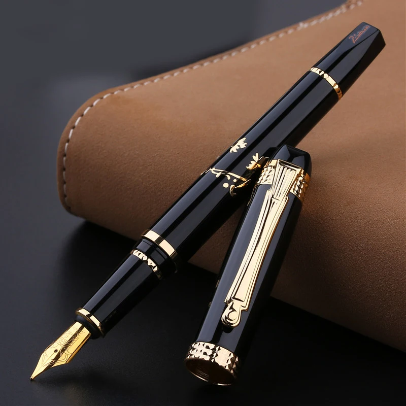 Luxury Pimio Fountain Pens Gold Trim Fine Nib 0.5mm Iridium Ink Pens Metal Black White Office Gift Pens with High-end Gift Box