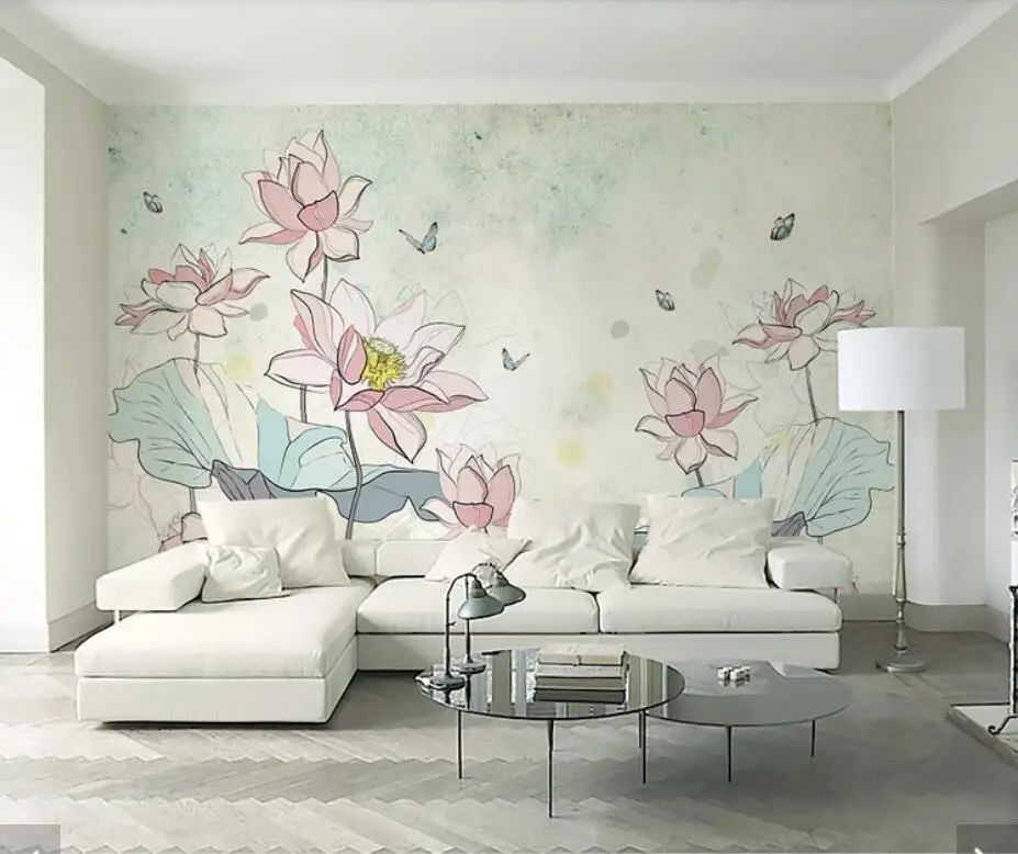 

3D Hand Painting Retro Waterlily Flower Wallpaper Mural Wall Mural Decals Wall Paper Contact Paper Floral Butterfly Scenery