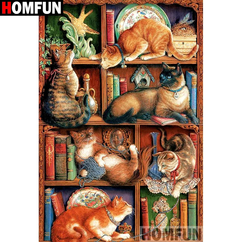 Алмазная вышивка HOMFUN A01674 картина Книжный шкаф с кошкой квадратная/круглая для