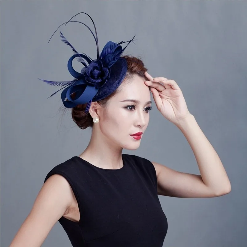 navy blue Одежда высшего качества для новобрачных Sinamay чародей Филиппины Sinamay шляпа с перьями для Кентукки Дерби церкви Свадебная вечеринка - Цвет: navy blue