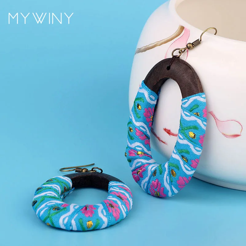 Новые винтажные цветные Серьги MYWINY из дерева с тканевым узором овальной формы 2