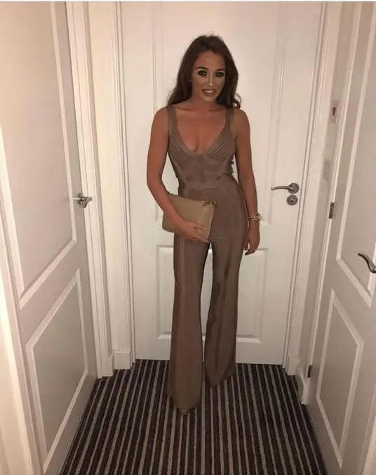 Women Sexy V Neck Bell-bottom Rayon Bandage Jumpsuit Ladies Backless Designer Boot Cut Rompers | Женская одежда