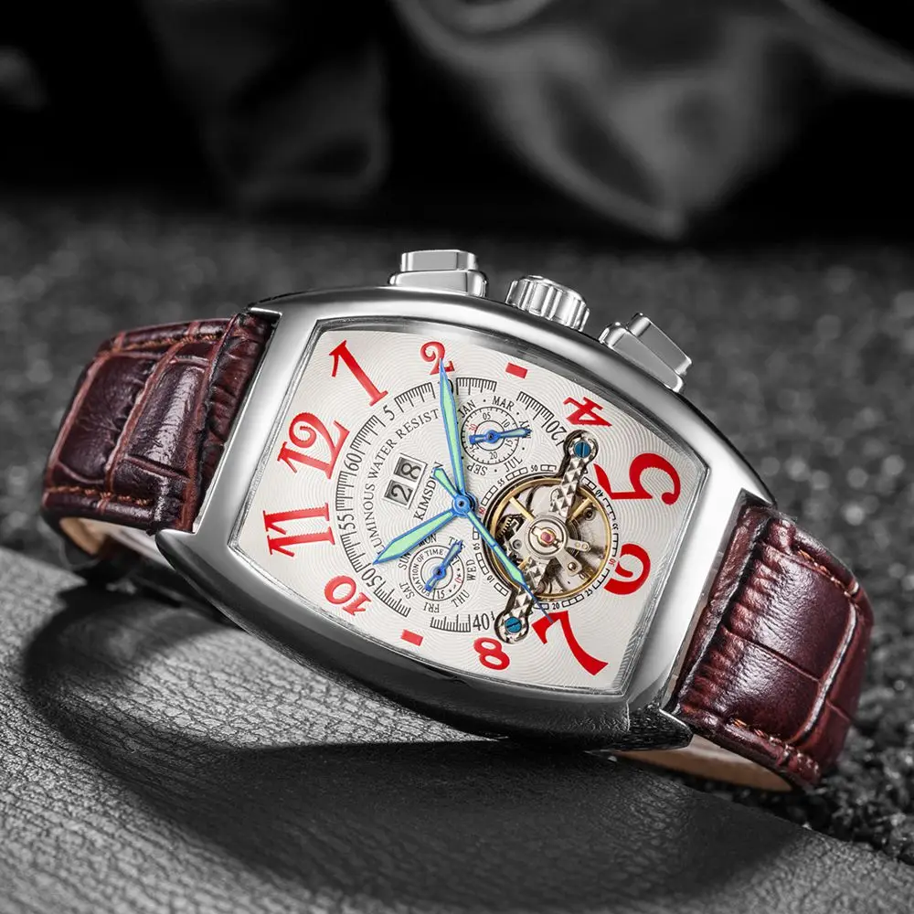 Мужские механические часы Tonneau Tourbillon Роскошные водонепроницаемые Модные деловые