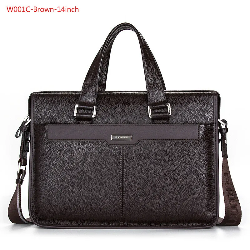 W001C-Brown-14inch Мужской деловой портфель, кожаная сумка, фирменный дизайн, натуральная воловья кожа, сумка для ноутбука, натуральная кожа, мужские сумки на плечо, сумки-мессенджеры - Цвет: W001C-Brown-14inch