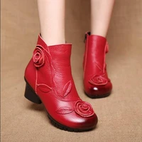 rushiman autumn winter shoes woman cow leather flower shoes comfort med heel ankle boots genuine leather classic martin sh